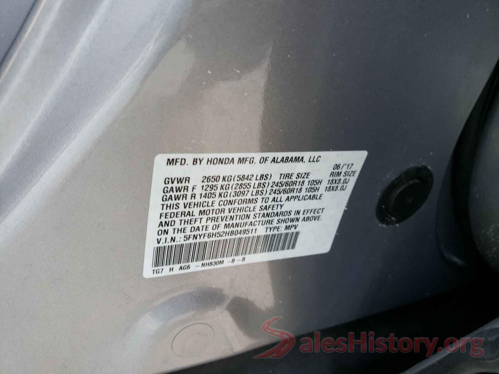 5FNYF6H52HB049511 2017 HONDA PILOT