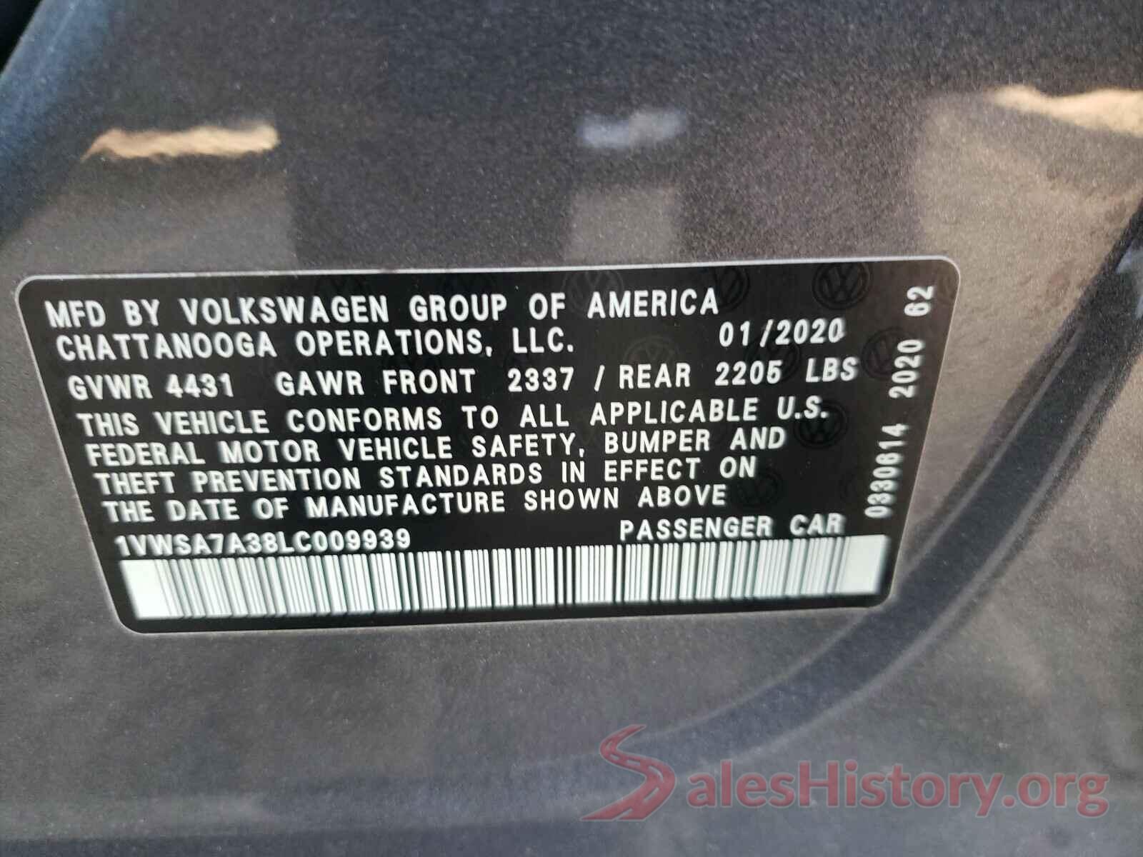 1VWSA7A38LC009939 2020 VOLKSWAGEN PASSAT