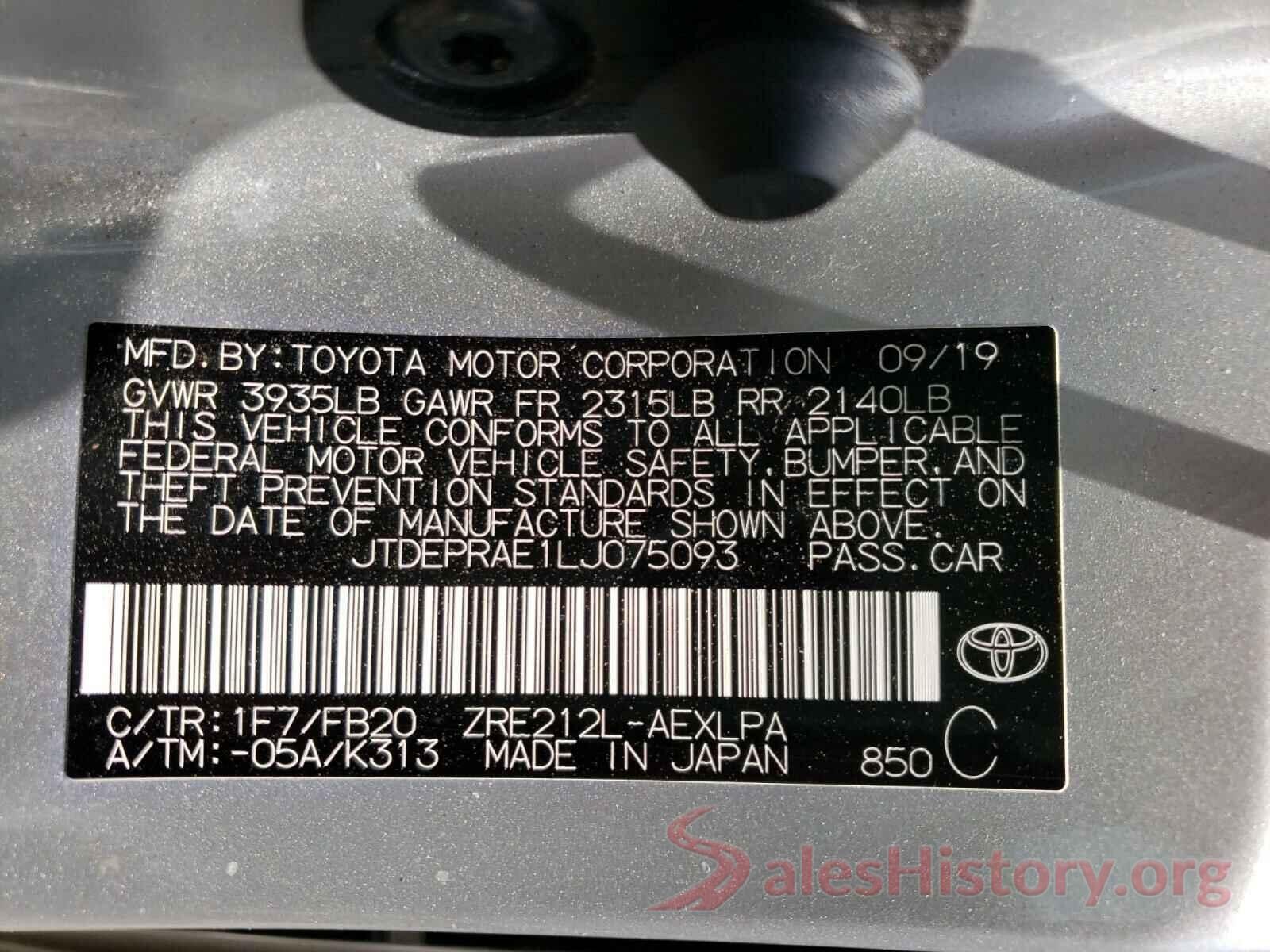 JTDEPRAE1LJ075093 2020 TOYOTA COROLLA