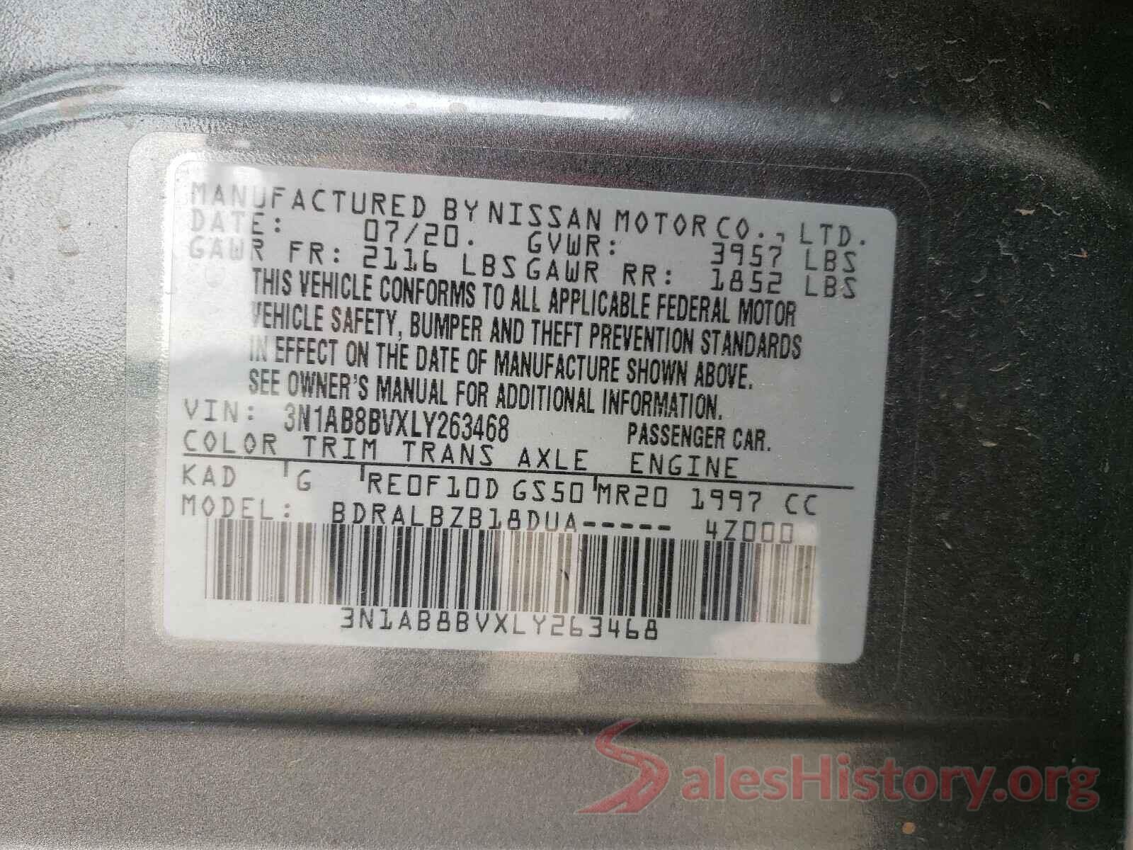 3N1AB8BVXLY263468 2020 NISSAN SENTRA