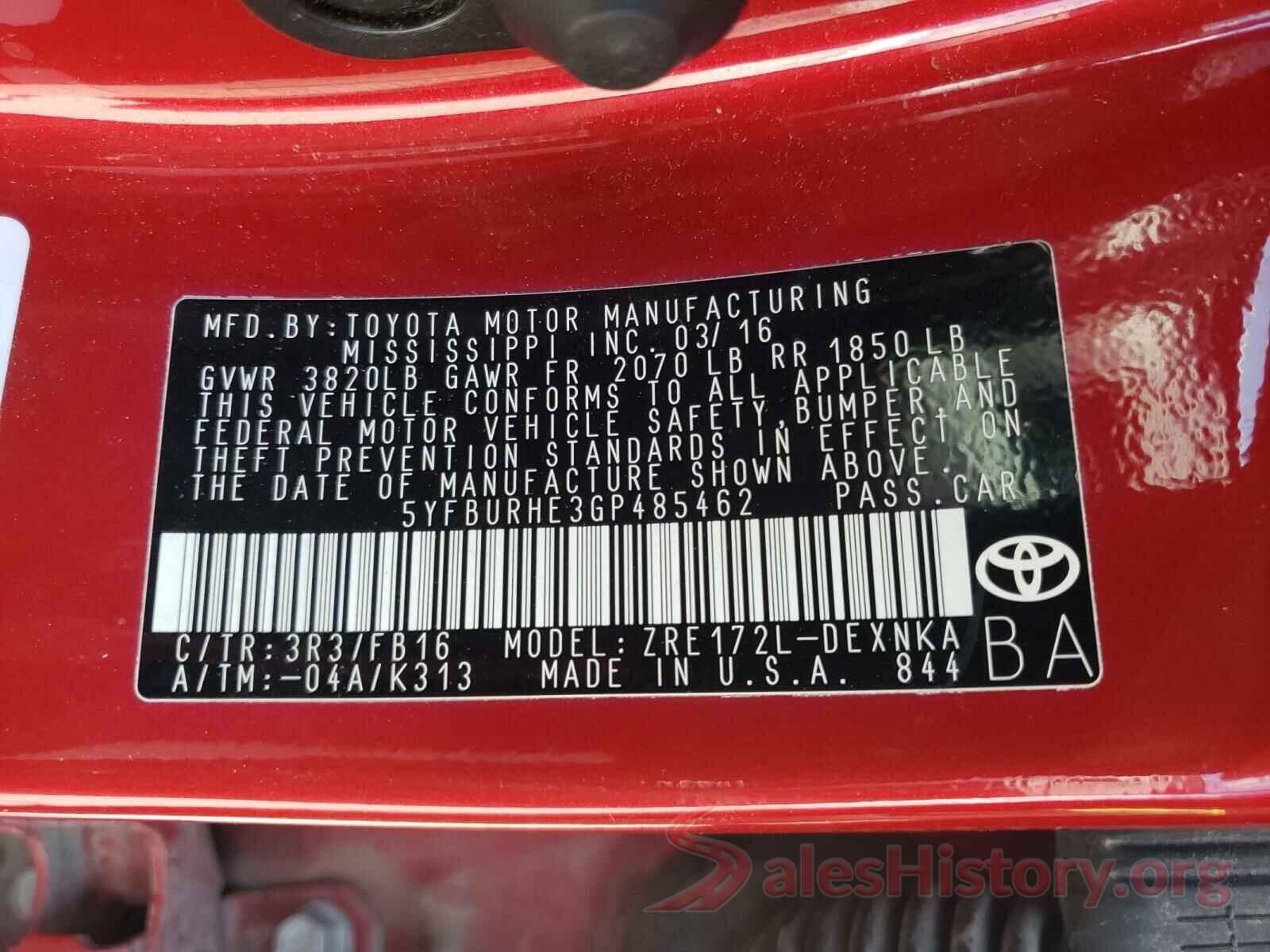 5YFBURHE3GP485462 2016 TOYOTA COROLLA