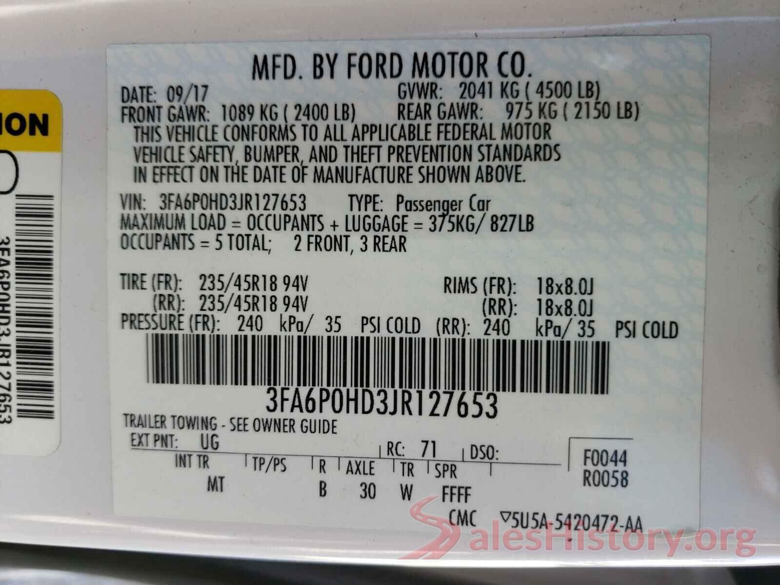 3FA6P0HD3JR127653 2018 FORD FUSION