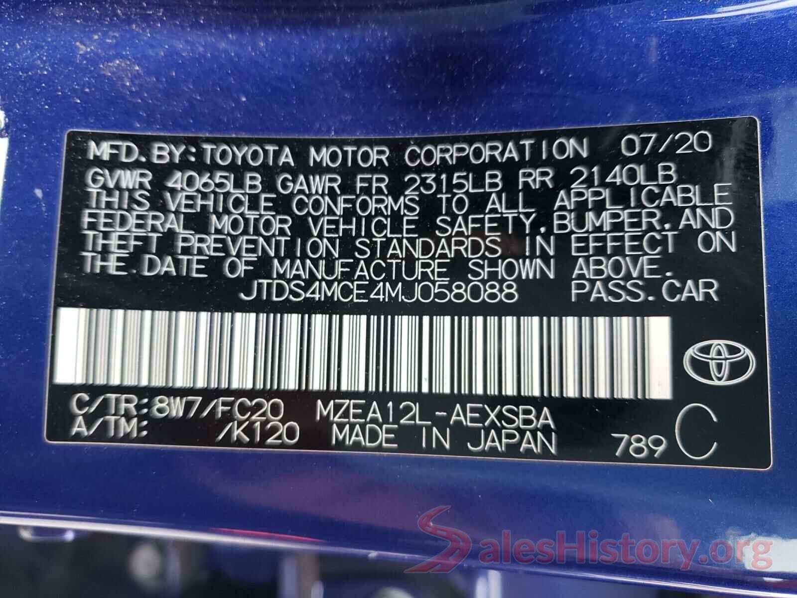 JTDS4MCE4MJ058088 2021 TOYOTA COROLLA