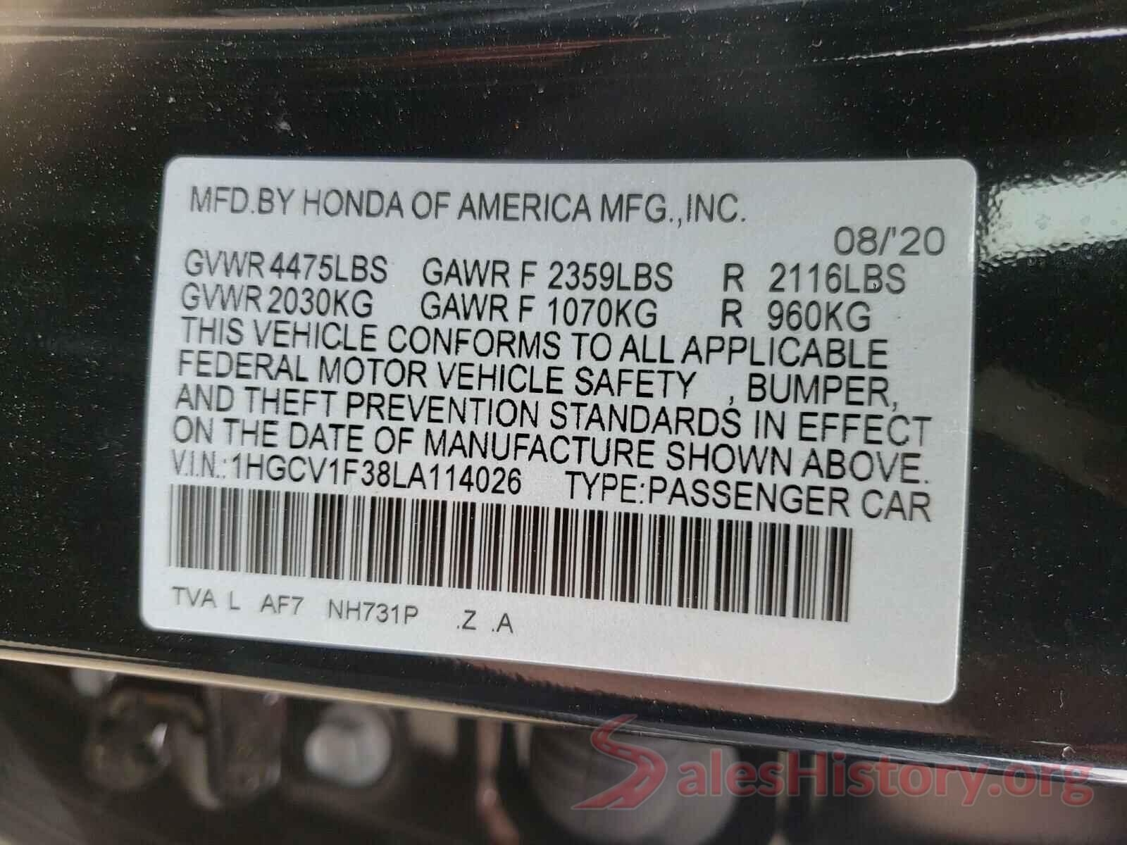 1HGCV1F38LA114026 2020 HONDA ACCORD