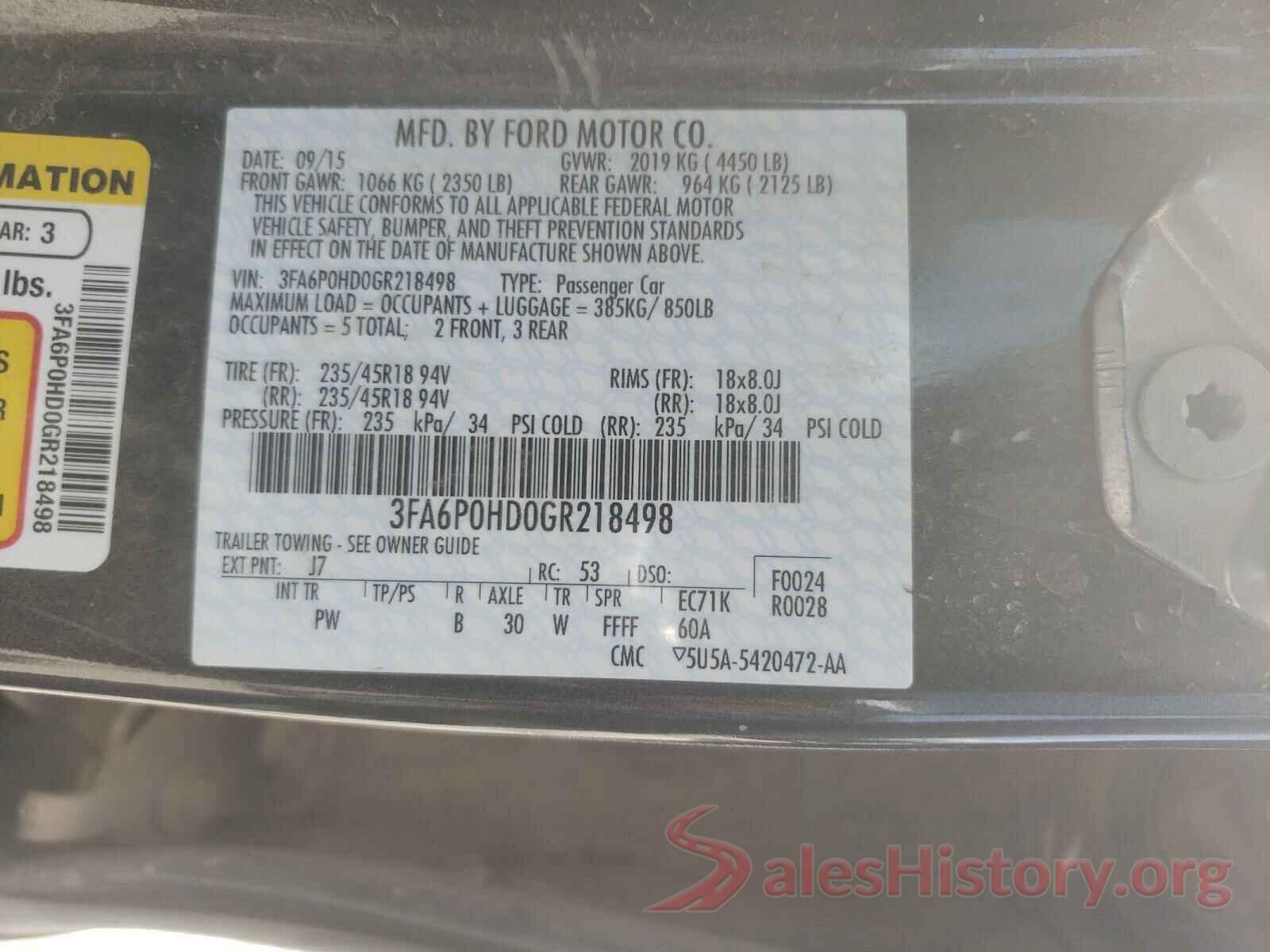 3FA6P0HD0GR218498 2016 FORD FUSION