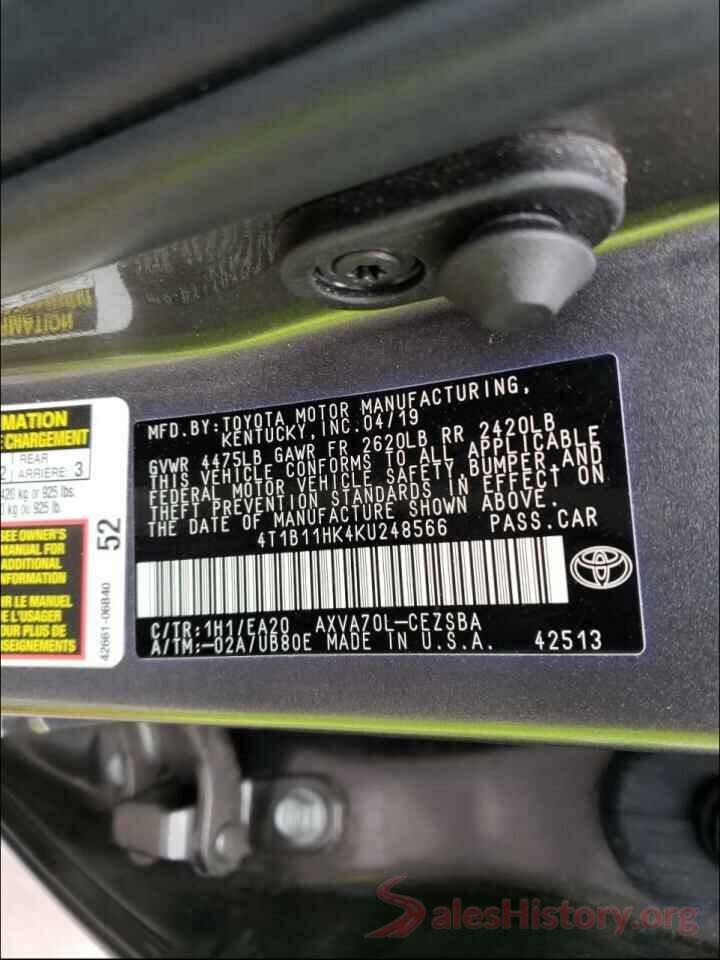 4T1B11HK4KU248566 2019 TOYOTA CAMRY