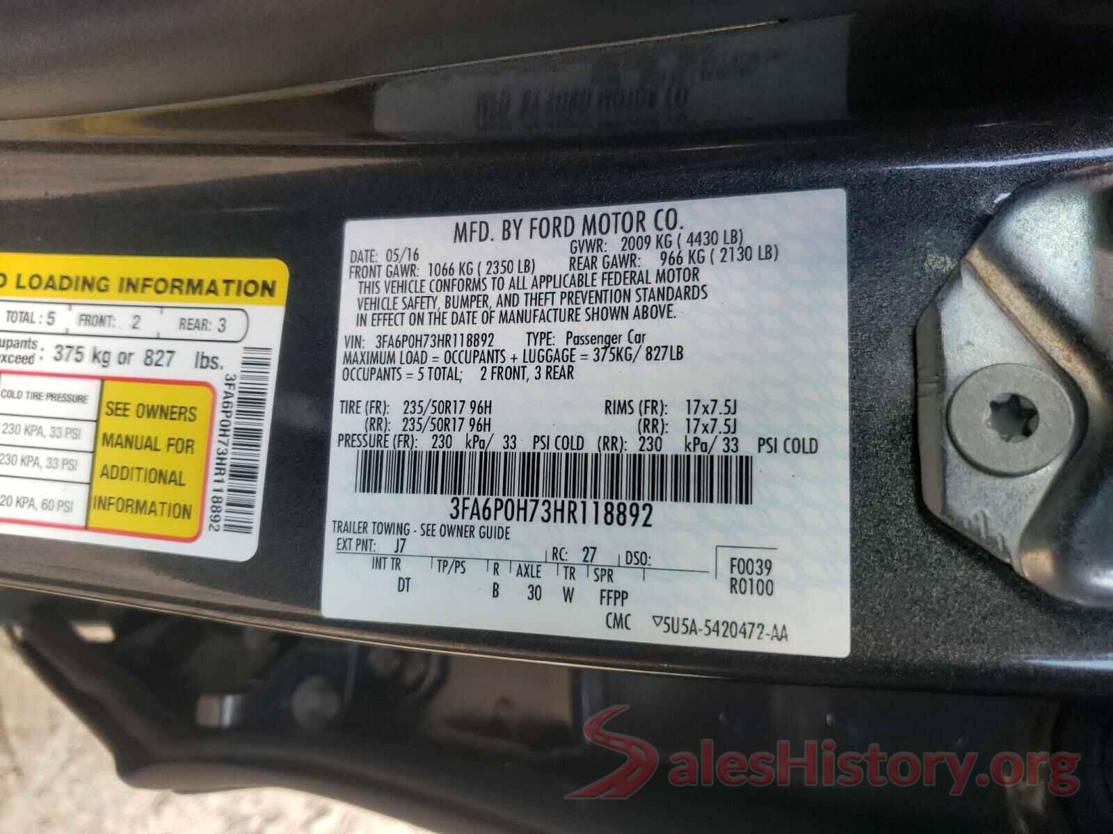 3FA6P0H73HR118892 2017 FORD FUSION