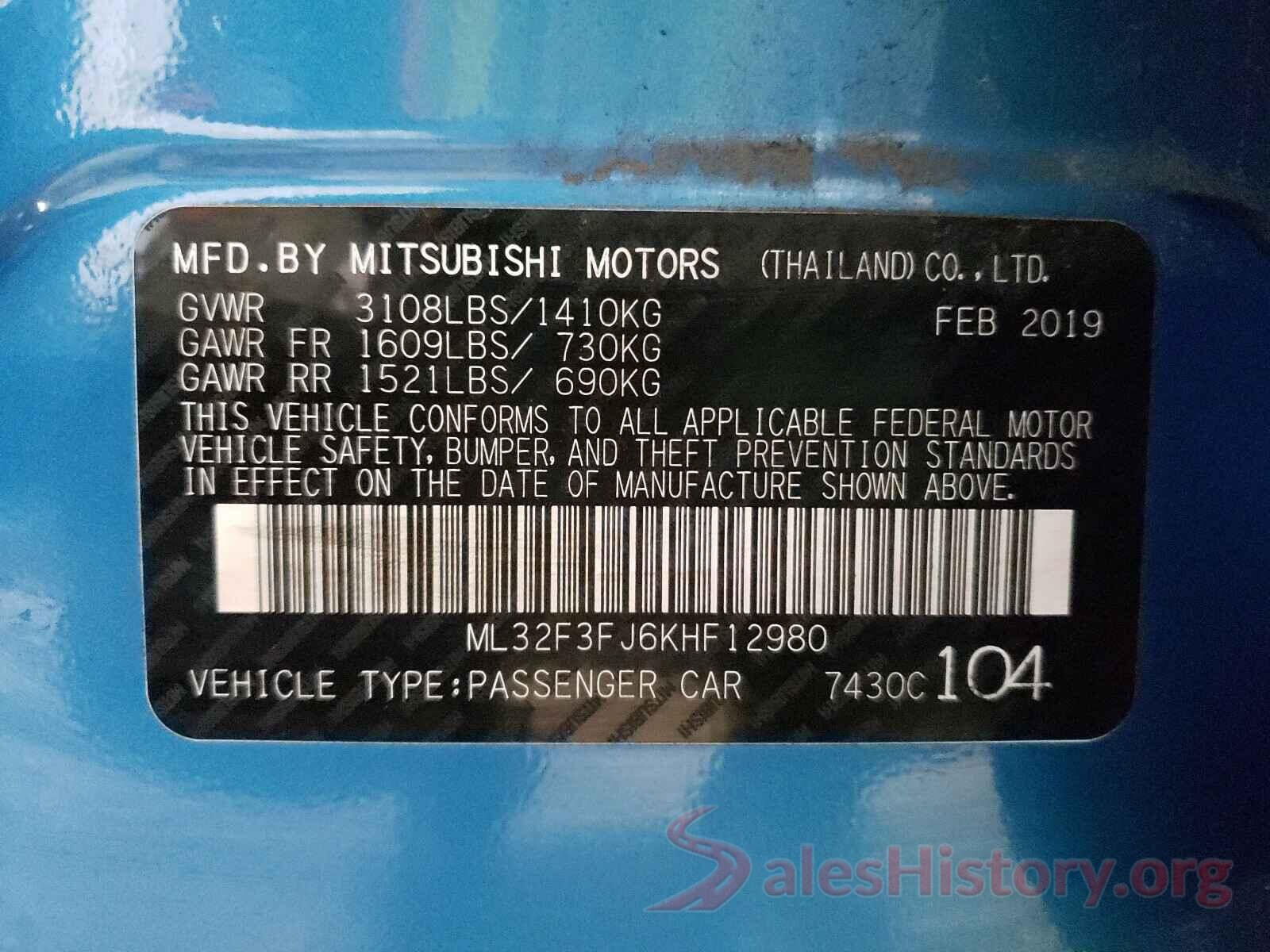 ML32F3FJ6KHF12980 2019 MITSUBISHI MIRAGE