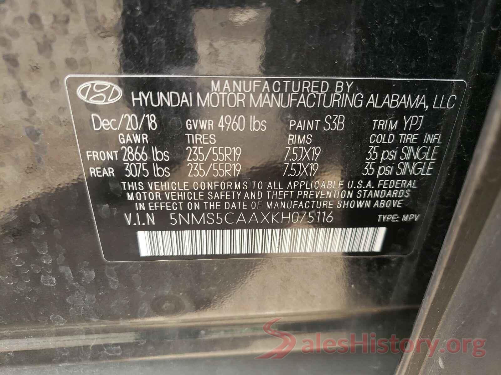 5NMS5CAAXKH075116 2019 HYUNDAI SANTA FE