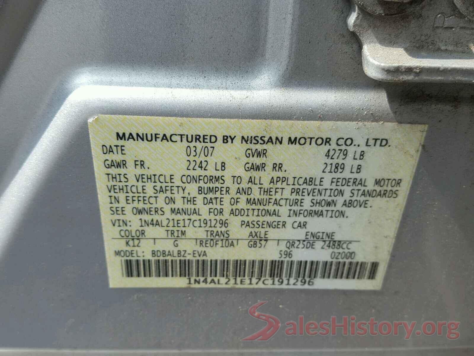 1N4AL21E17C191296 2007 NISSAN ALTIMA