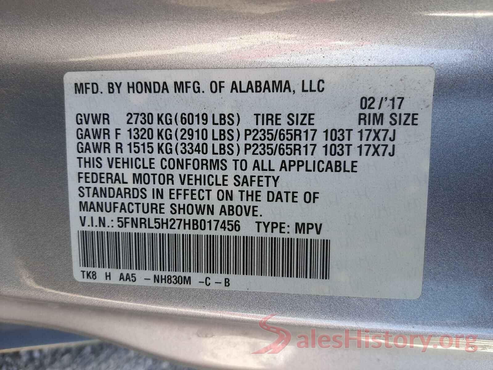 5FNRL5H27HB017456 2017 HONDA ODYSSEY