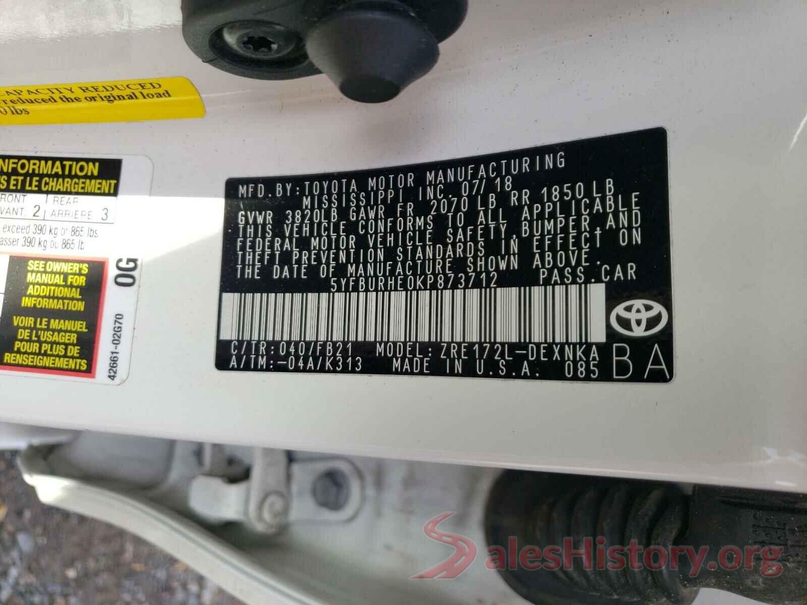 5YFBURHE0KP873712 2019 TOYOTA COROLLA