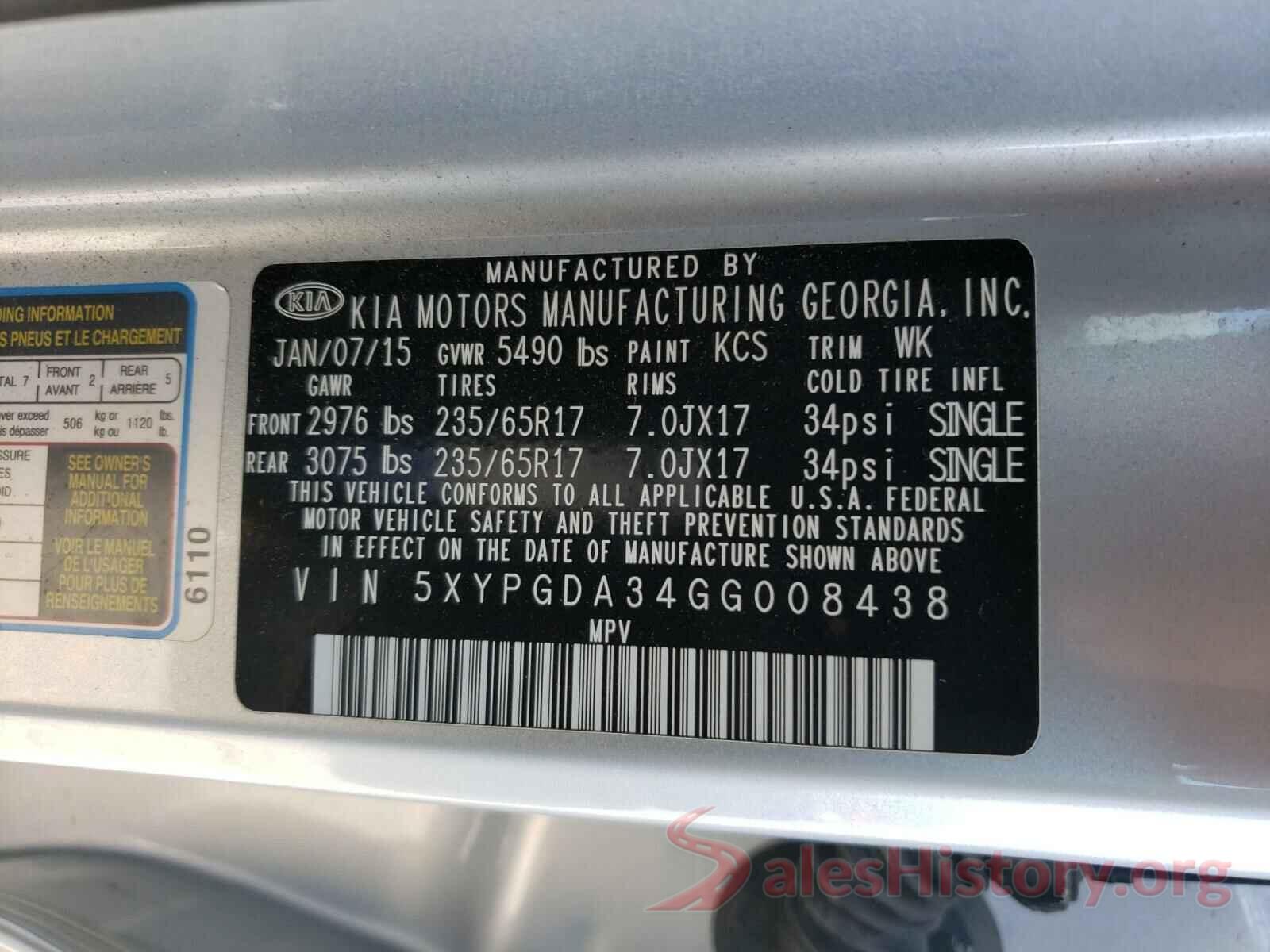 5XYPGDA34GG008438 2016 KIA SORENTO