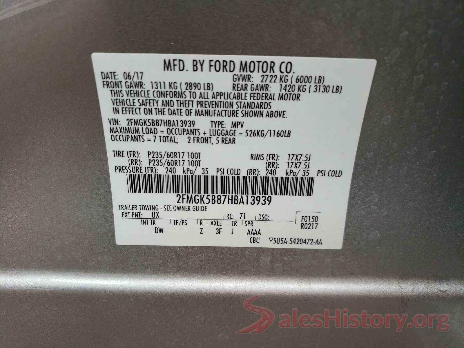 2FMGK5B87HBA13939 2017 FORD FLEX