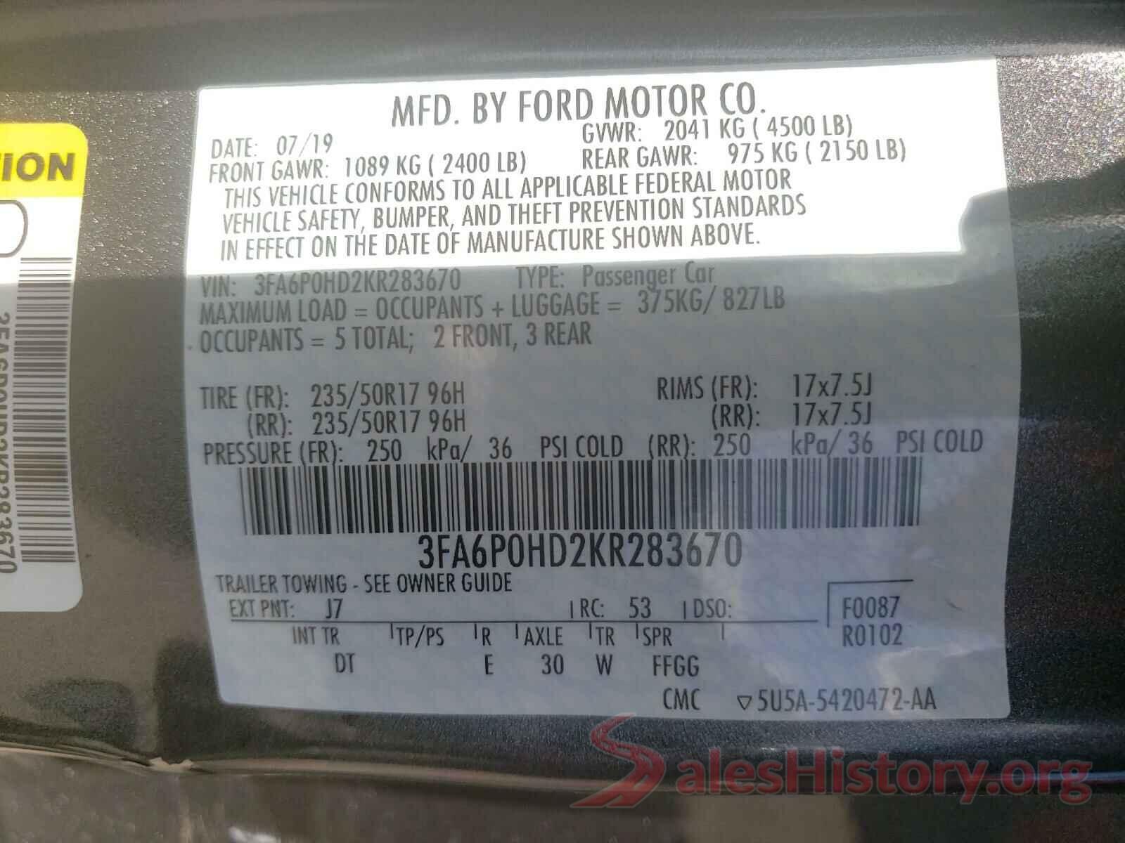 3FA6P0HD2KR283670 2019 FORD FUSION