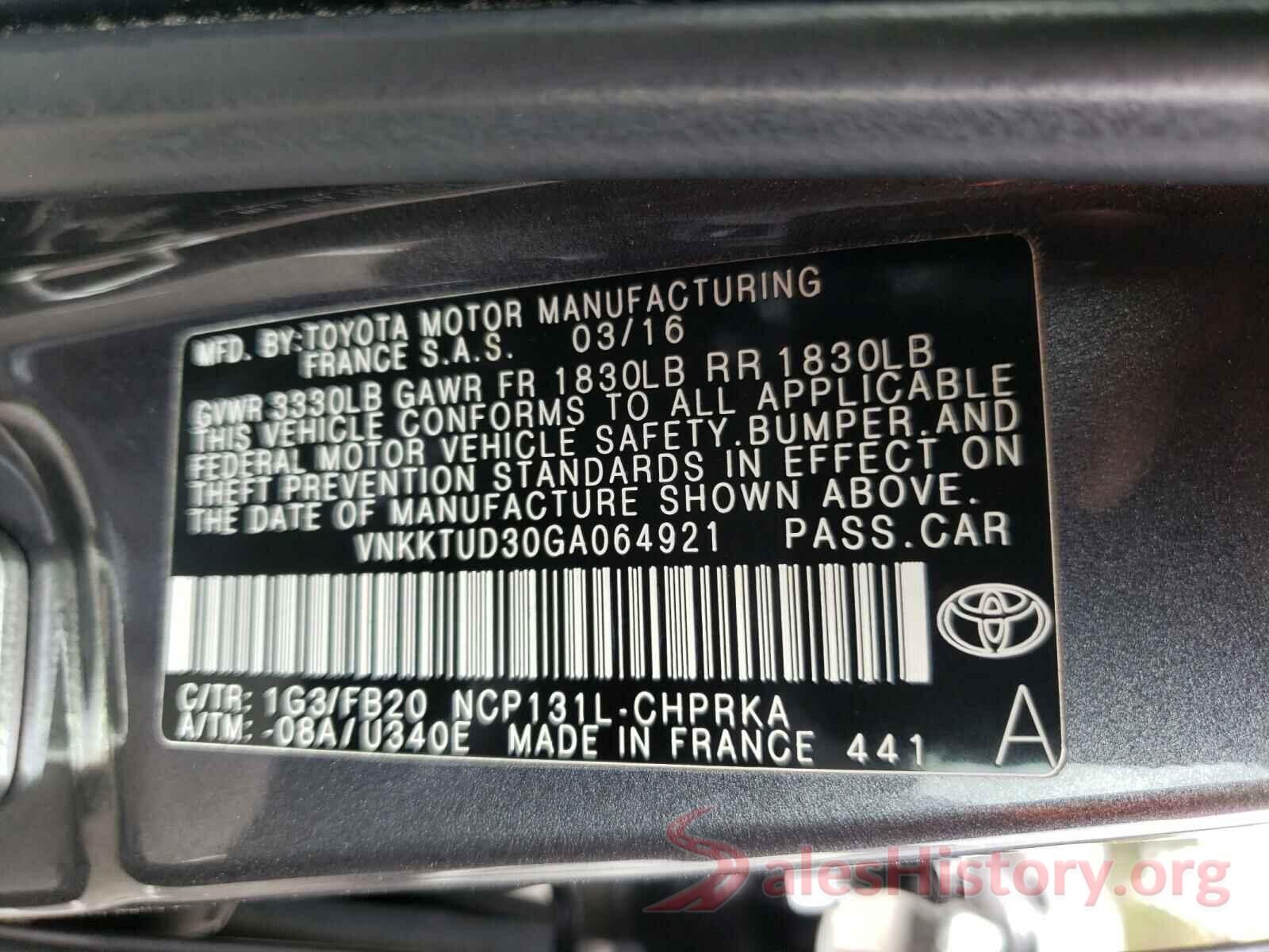 VNKKTUD30GA064921 2016 TOYOTA YARIS