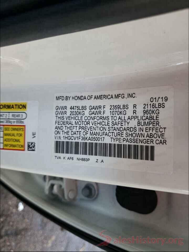 1HGCV1F36KA050017 2019 HONDA ACCORD