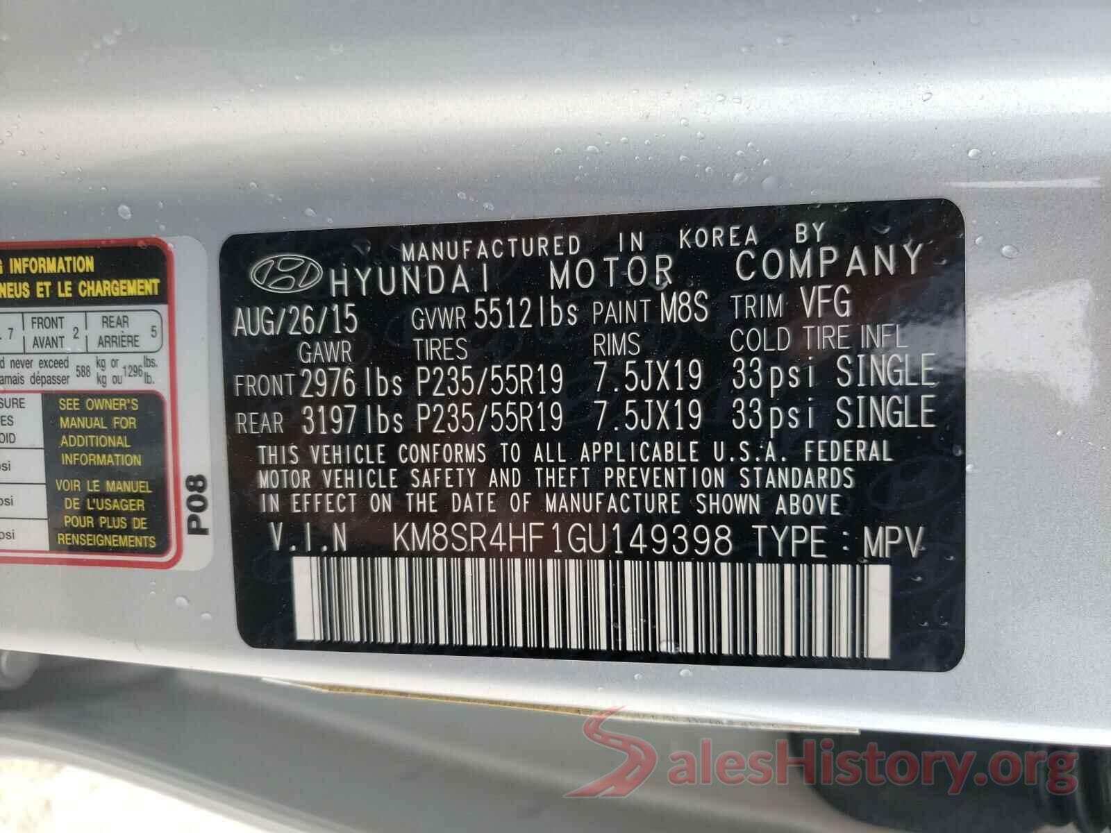 KM8SR4HF1GU149398 2016 HYUNDAI SANTA FE