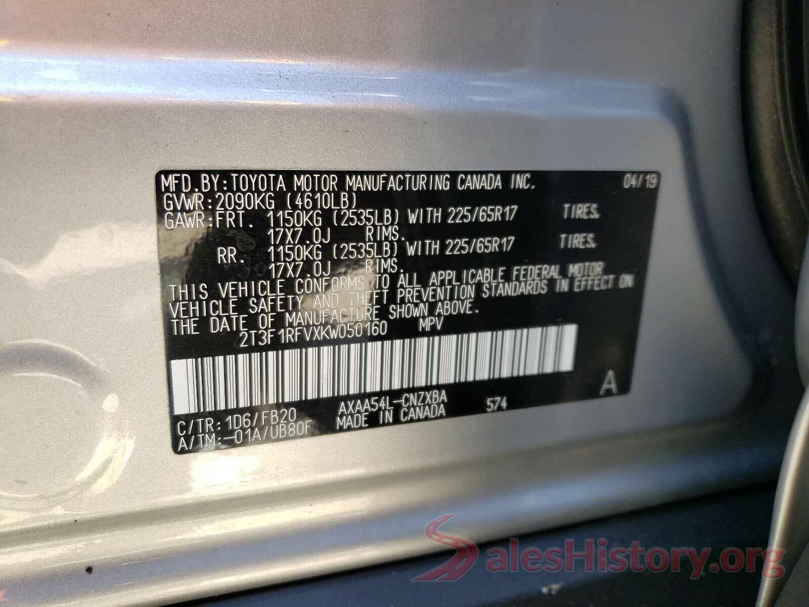 2T3F1RFVXKW050160 2019 TOYOTA RAV4