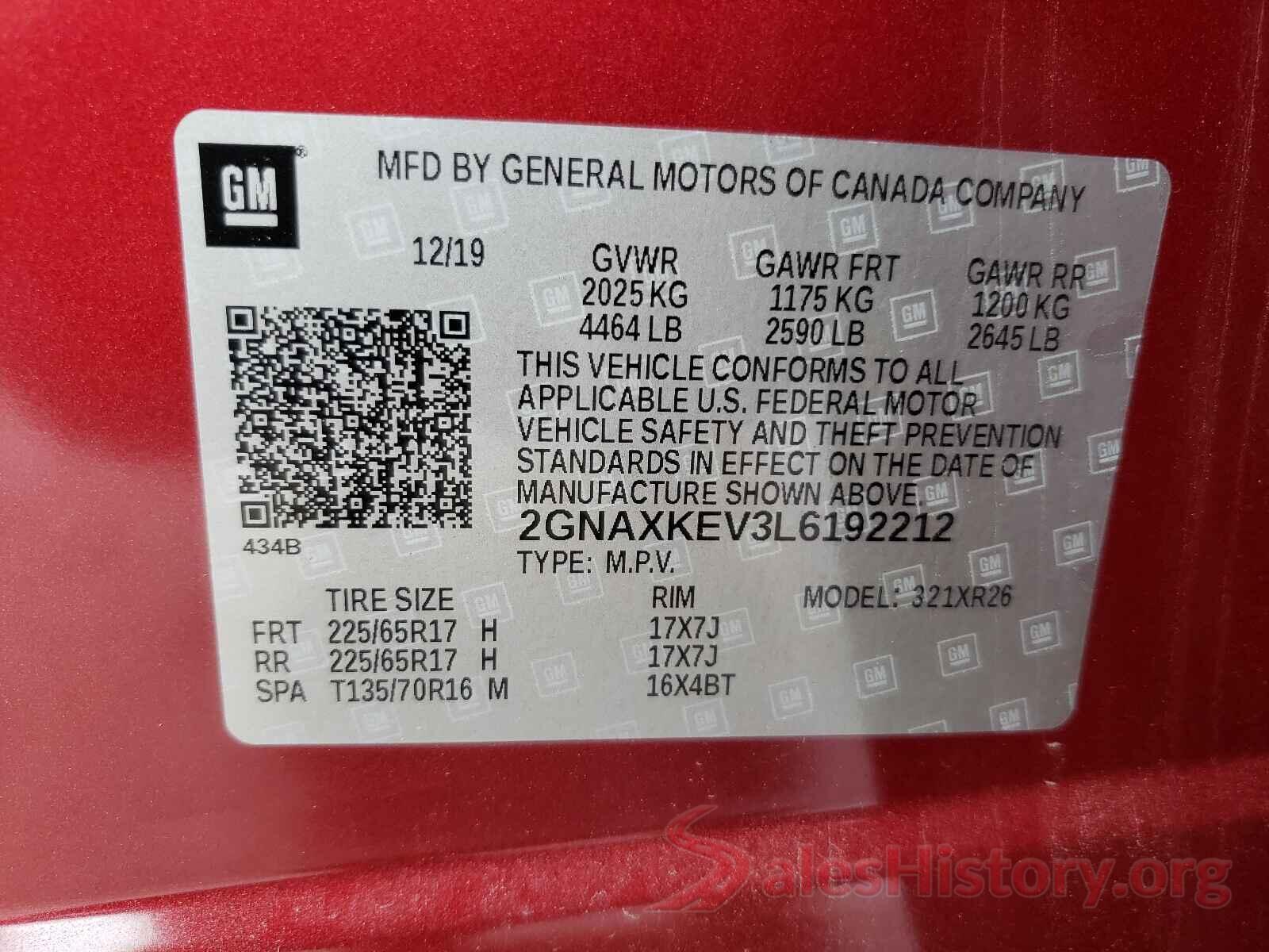 2GNAXKEV3L6192212 2020 CHEVROLET EQUINOX