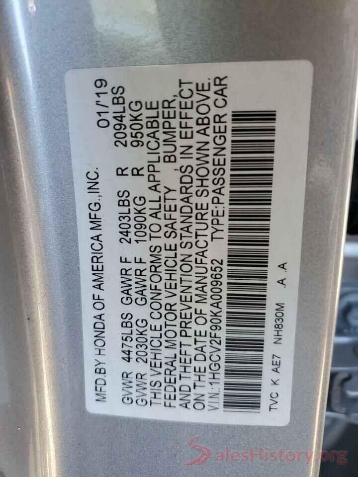 1HGCV2F90KA009652 2019 HONDA ACCORD