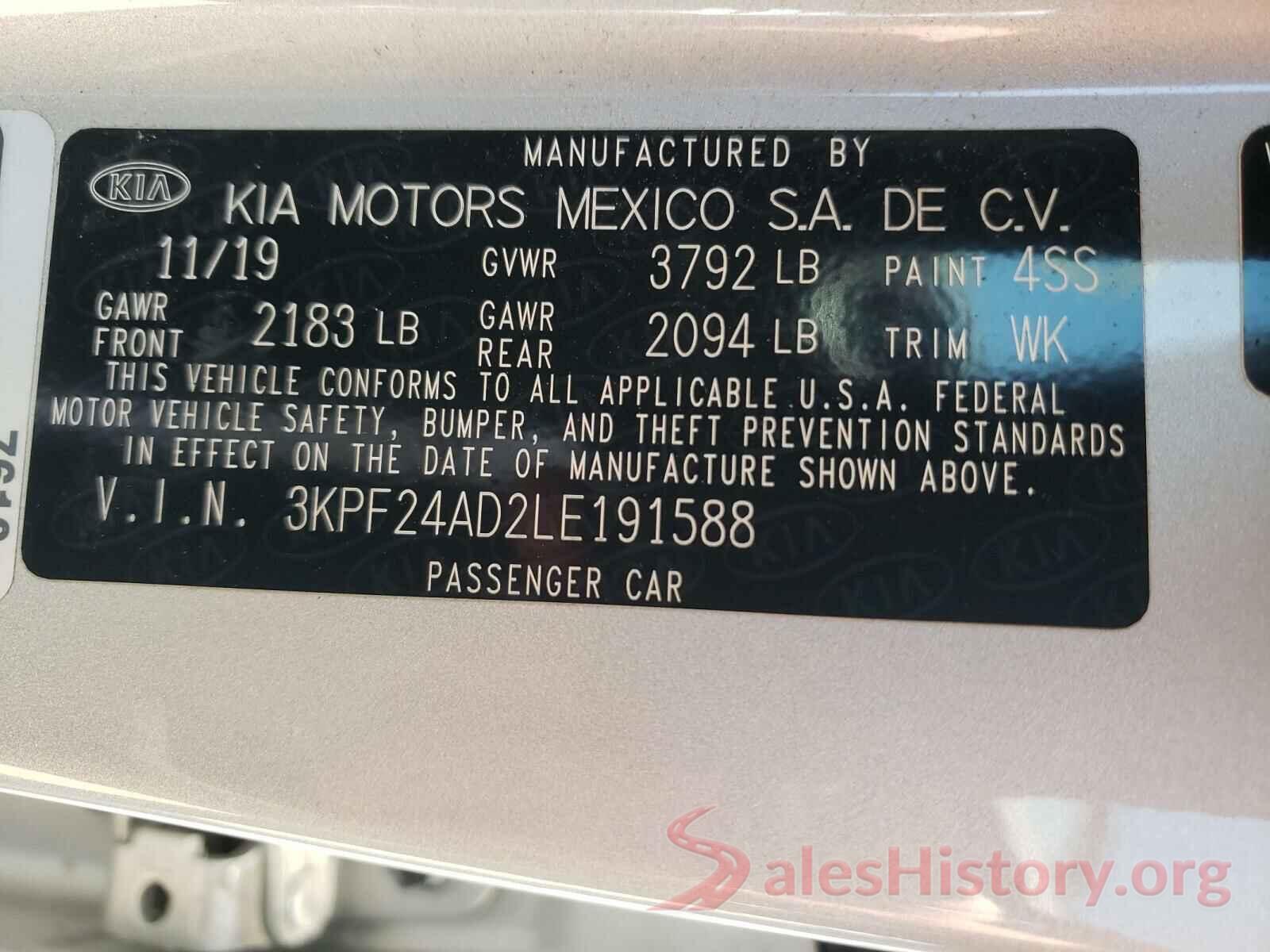 3KPF24AD2LE191588 2020 KIA FORTE