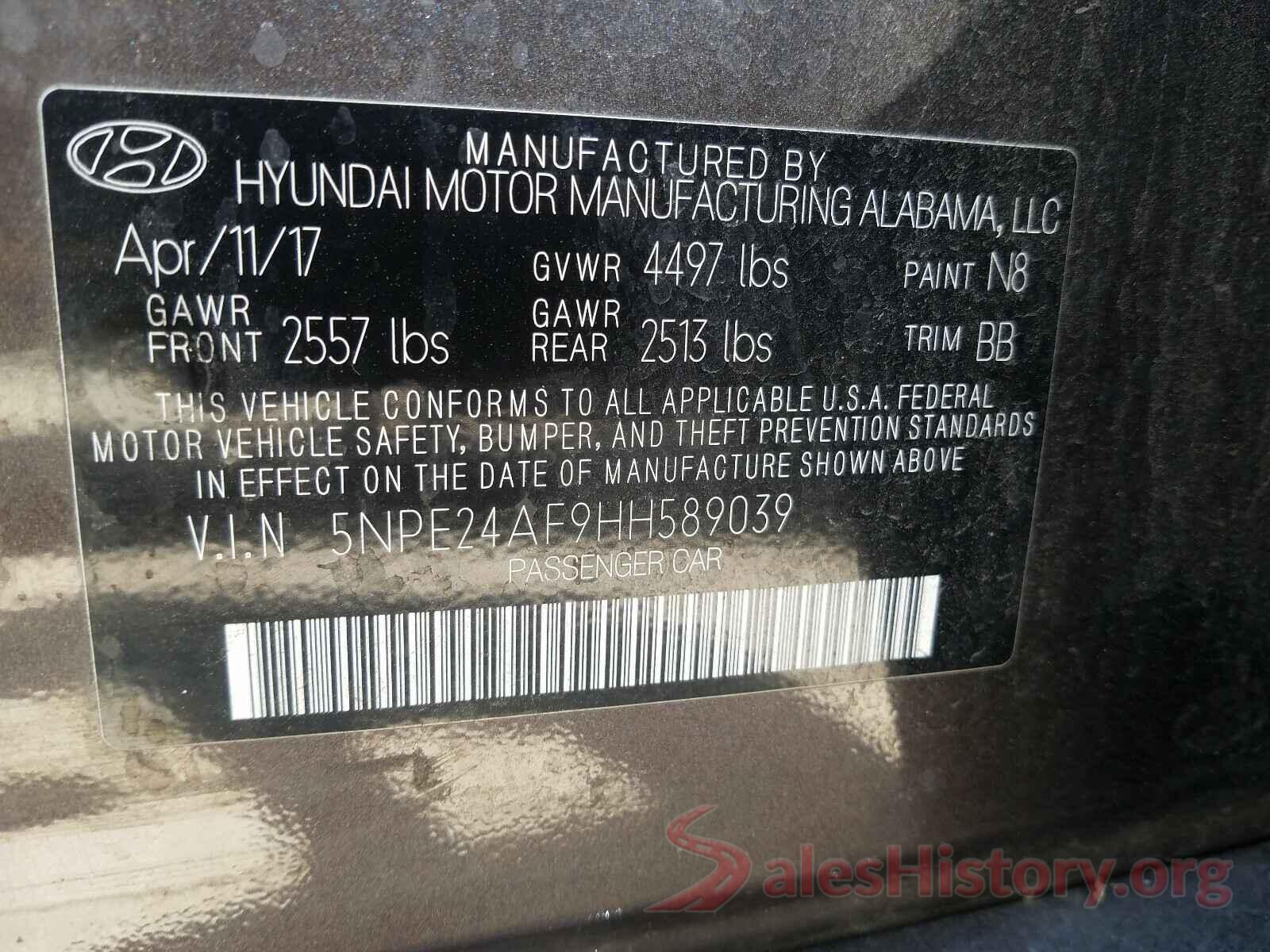 5NPE24AF9HH589039 2017 HYUNDAI SONATA