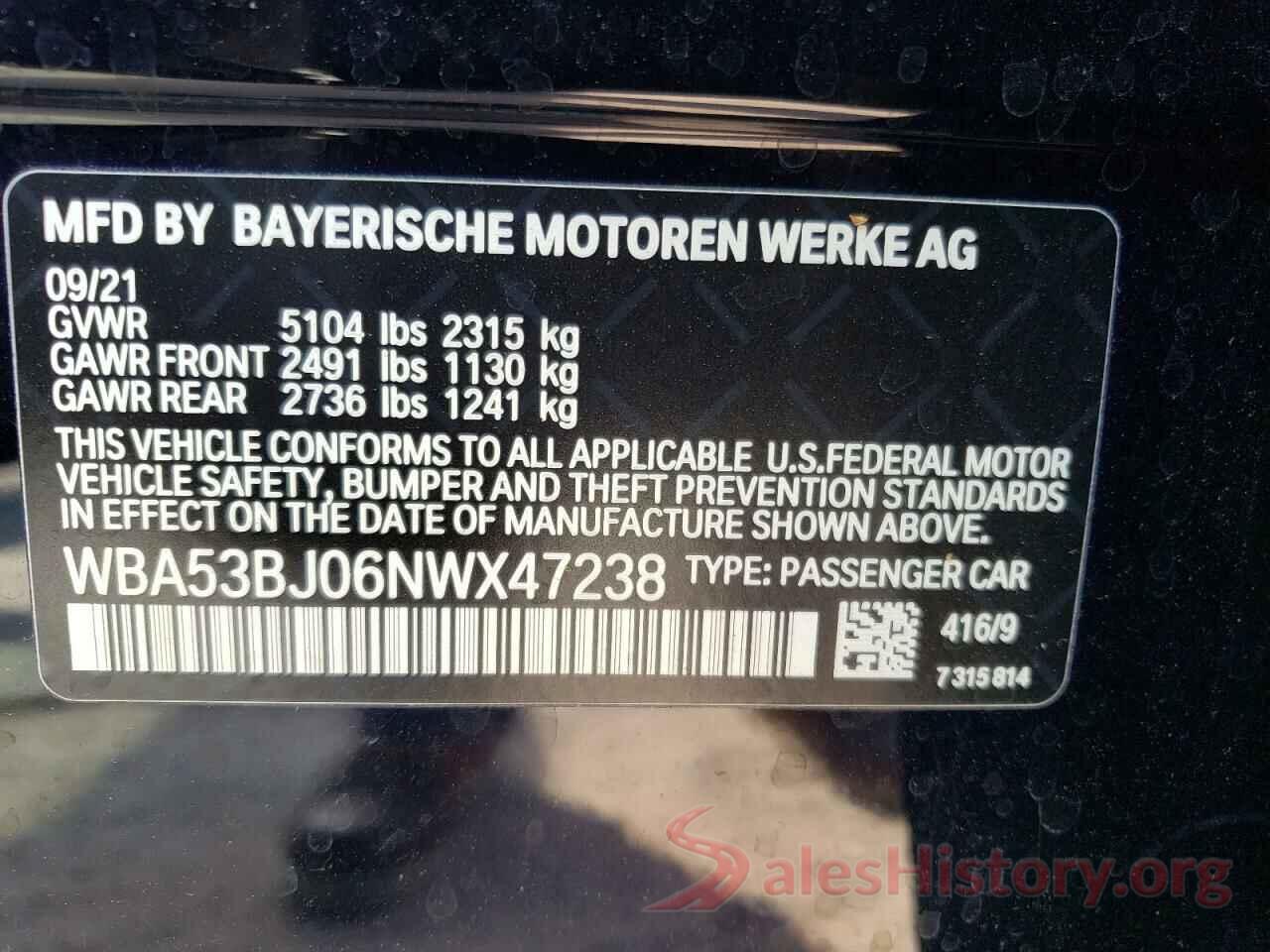 WBA53BJ06NWX47238 2022 BMW 5 SERIES