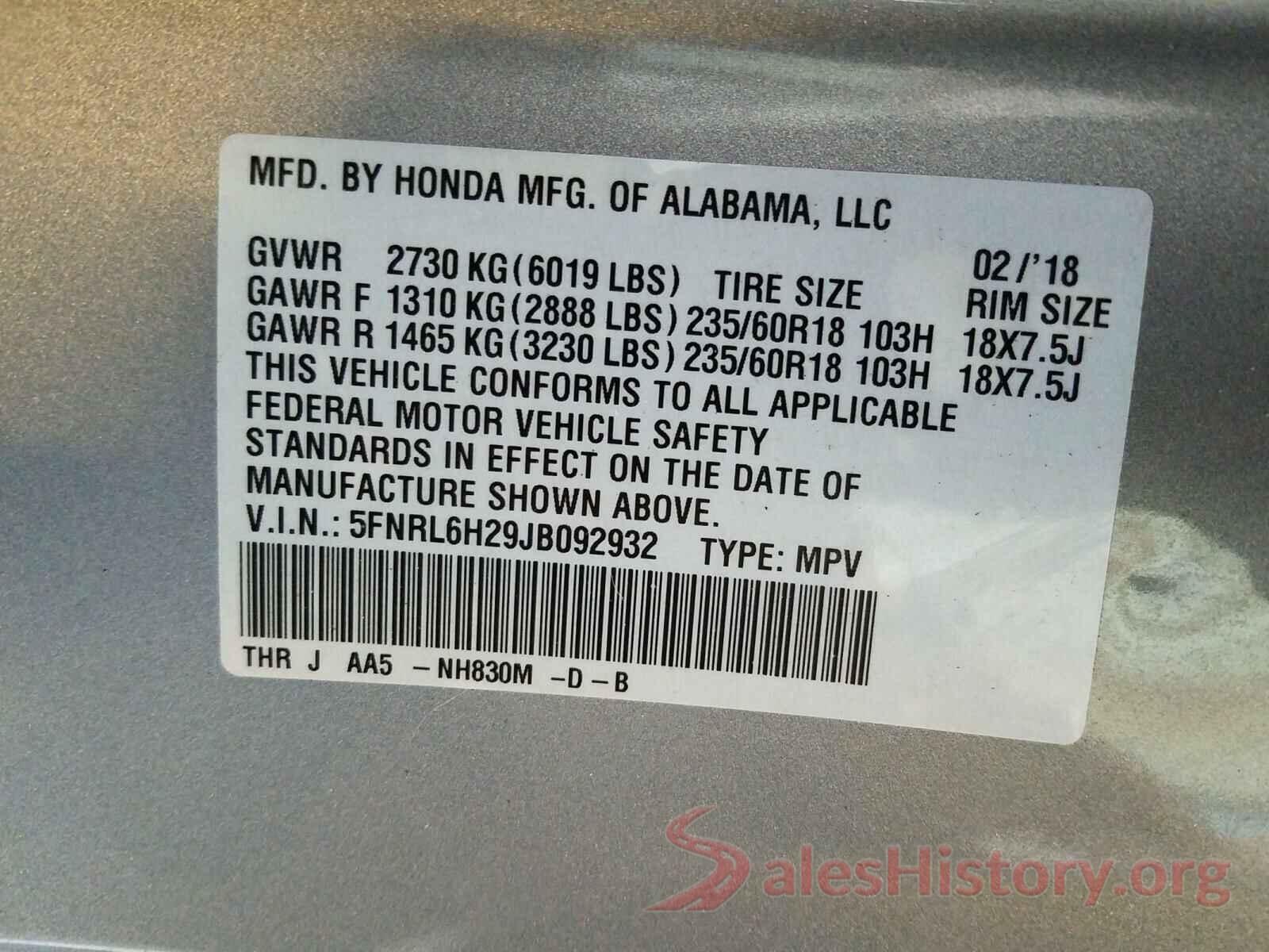 5FNRL6H29JB092932 2018 HONDA ODYSSEY