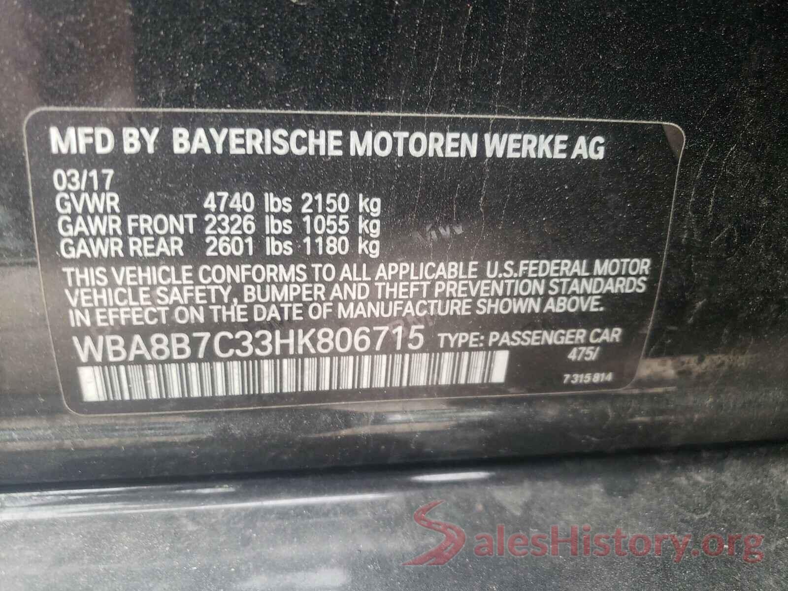 WBA8B7C33HK806715 2017 BMW 3 SERIES