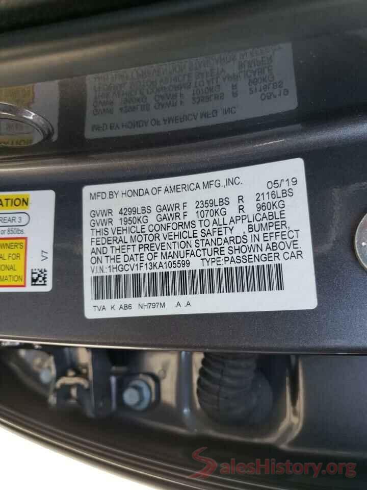 1HGCV1F13KA105599 2019 HONDA ACCORD