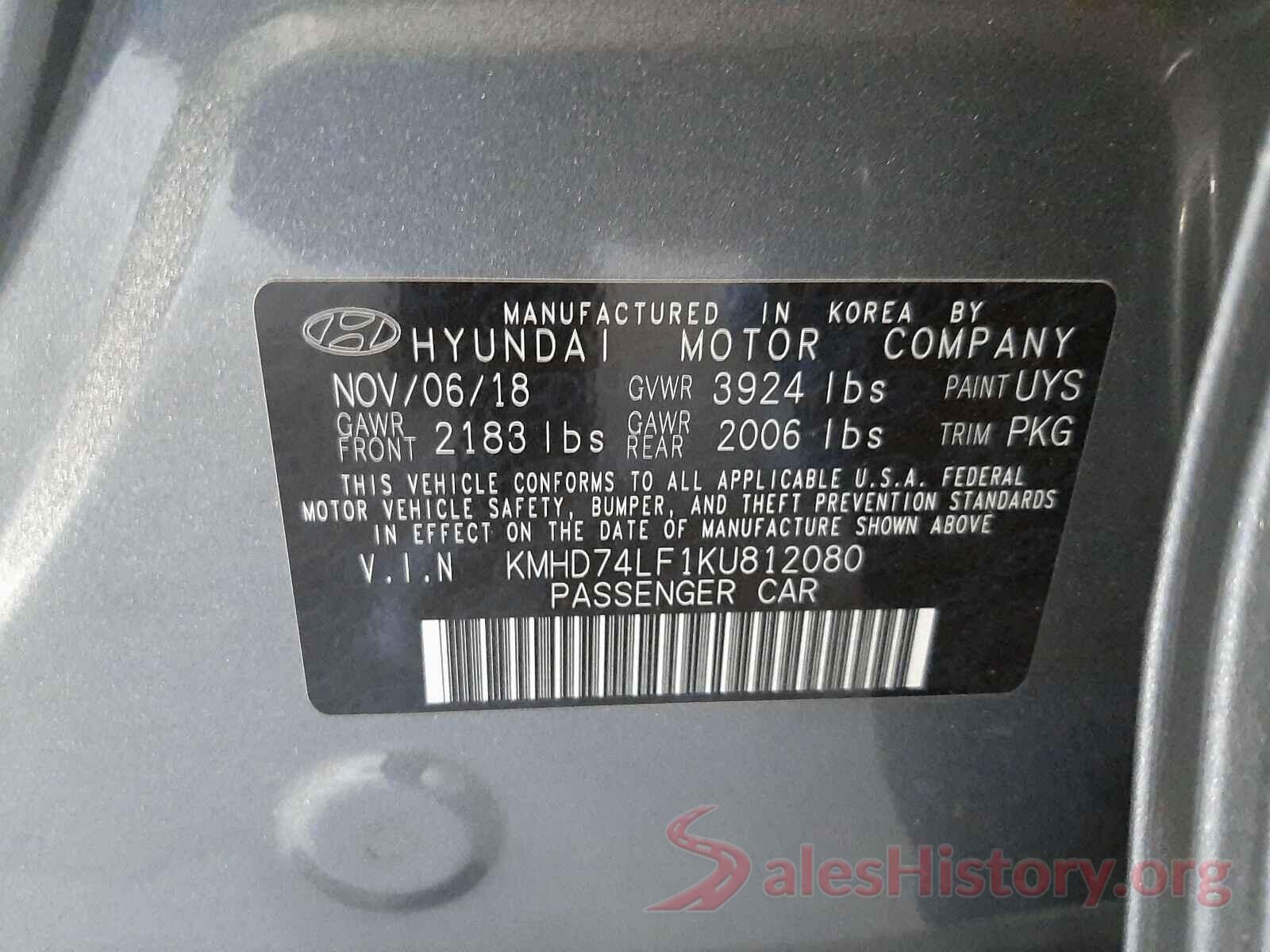 KMHD74LF1KU812080 2019 HYUNDAI ELANTRA