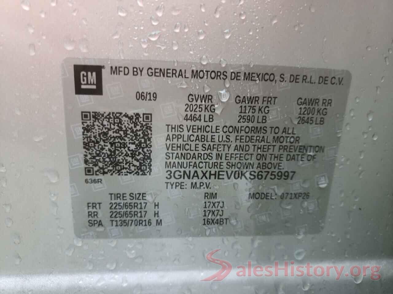 3GNAXHEV0KS675997 2019 CHEVROLET EQUINOX