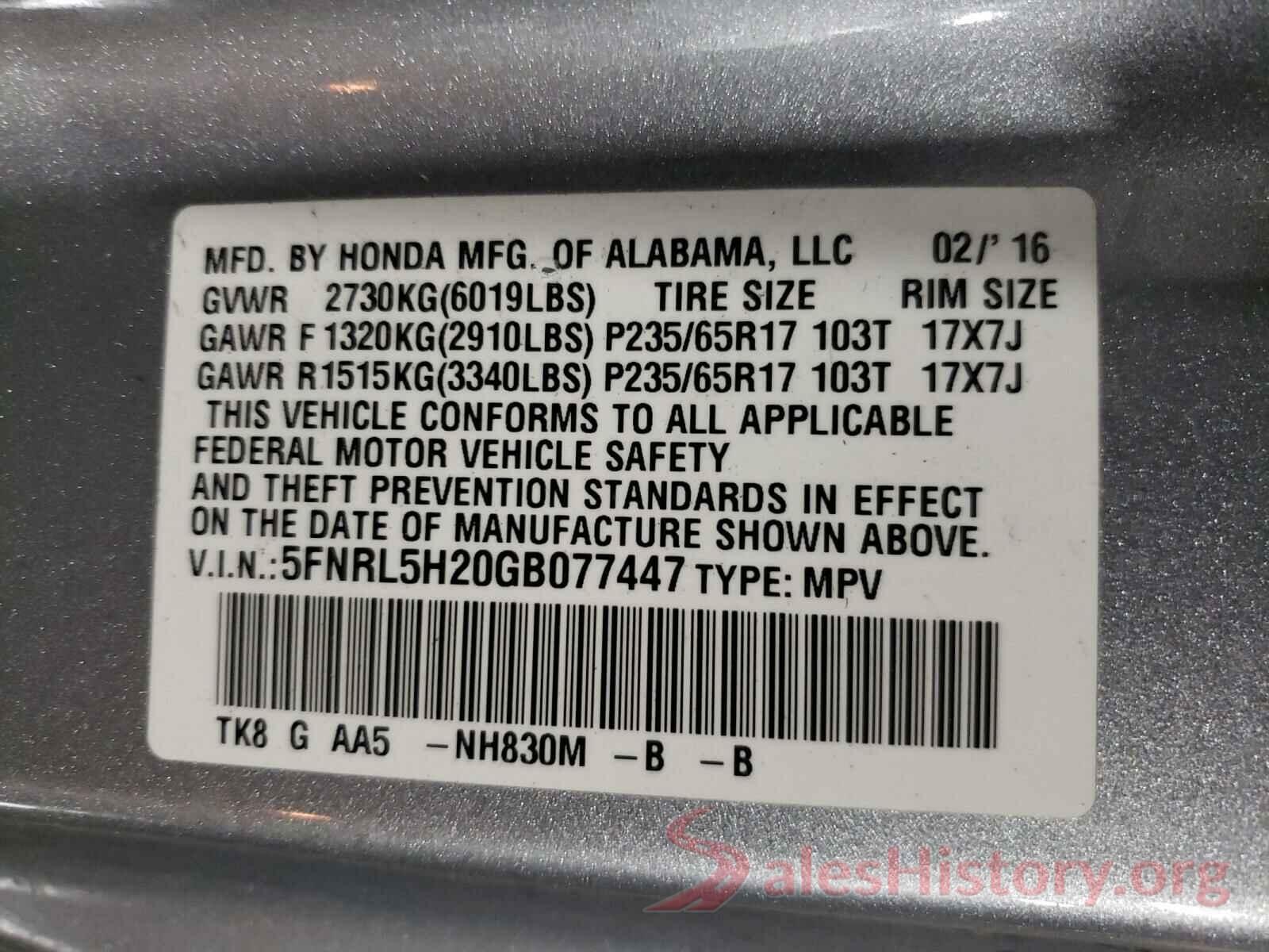 5FNRL5H20GB077447 2016 HONDA ODYSSEY