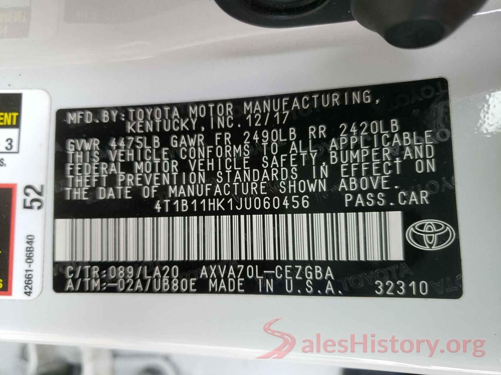 4T1B11HK1JU060456 2018 TOYOTA CAMRY