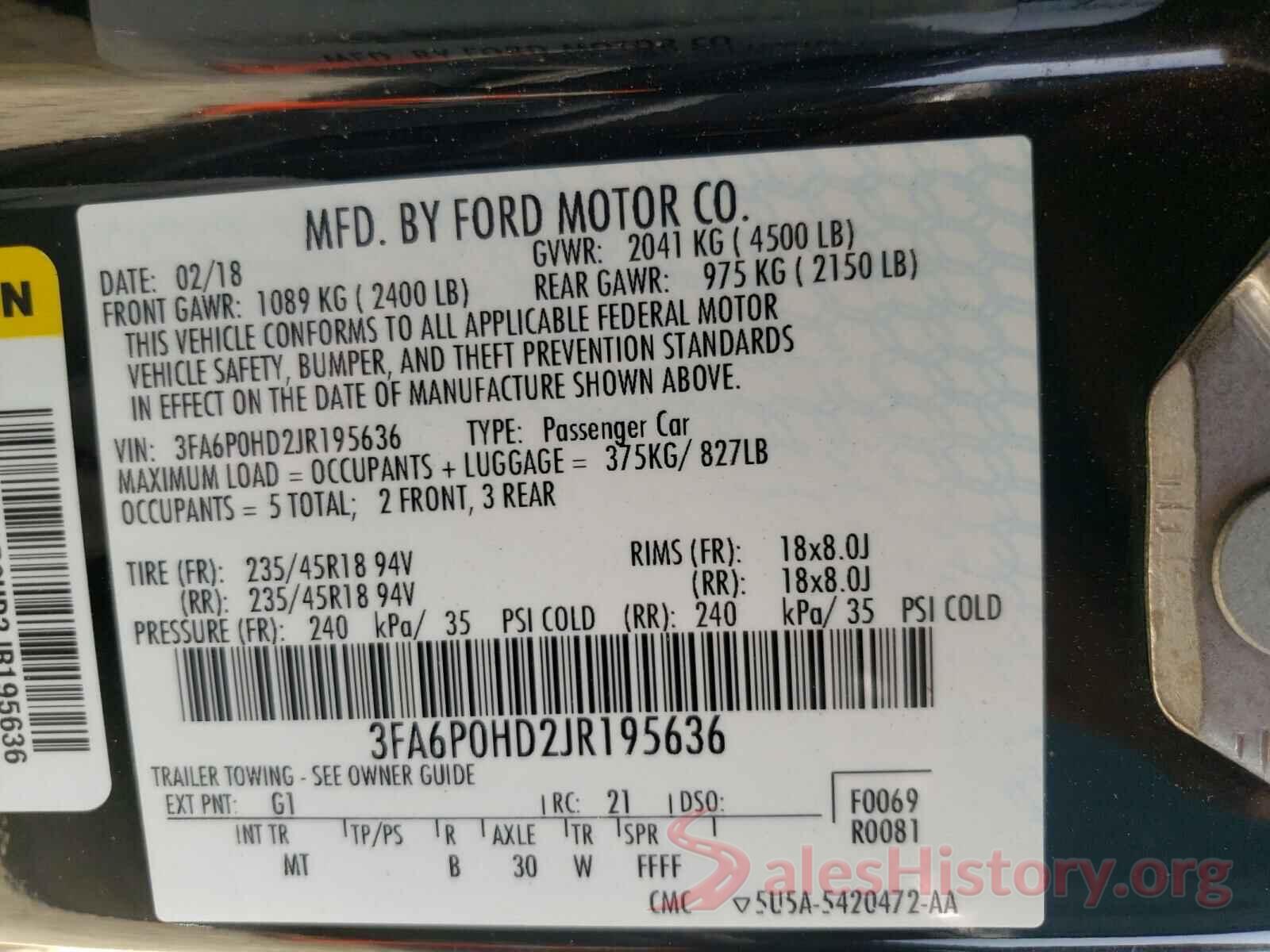 3FA6P0HD2JR195636 2018 FORD FUSION