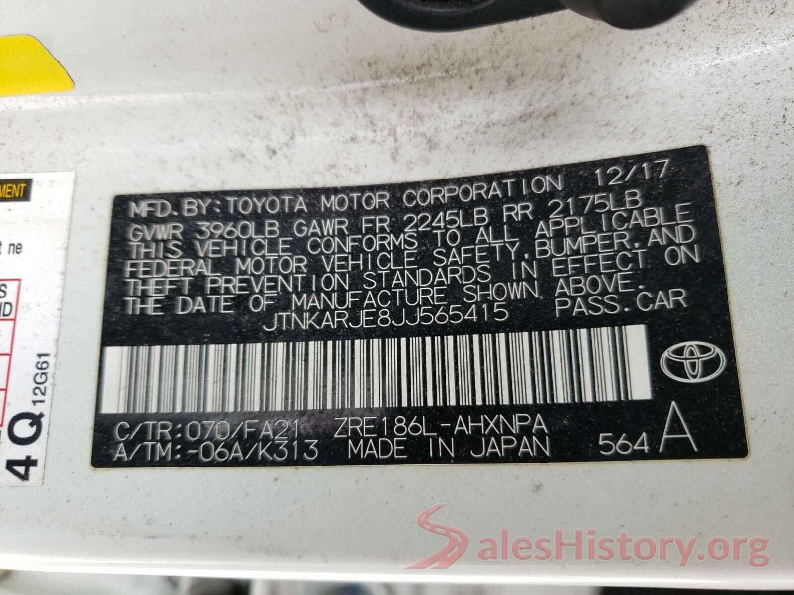 JTNKARJE8JJ565415 2018 TOYOTA COROLLA