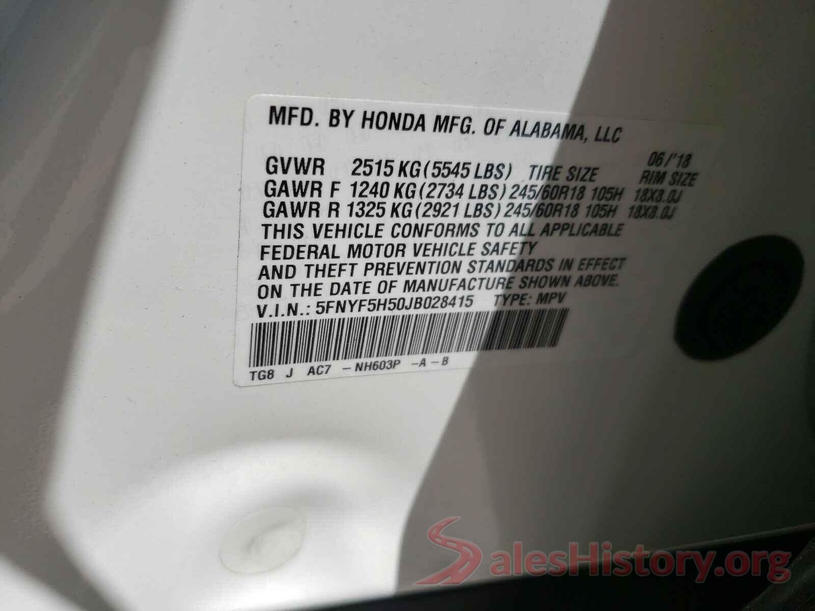 5FNYF5H50JB028415 2018 HONDA PILOT