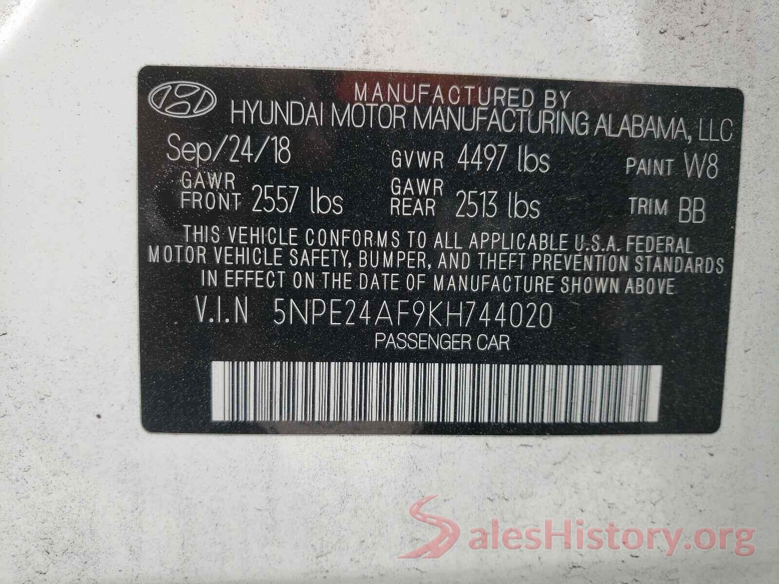 5NPE24AF9KH744020 2019 HYUNDAI SONATA