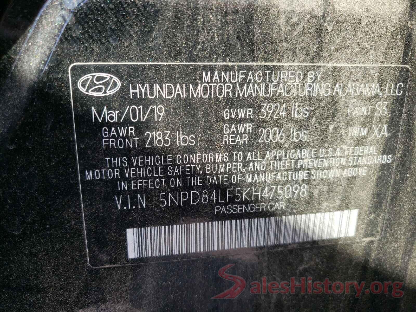 5NPD84LF5KH475098 2019 HYUNDAI ELANTRA