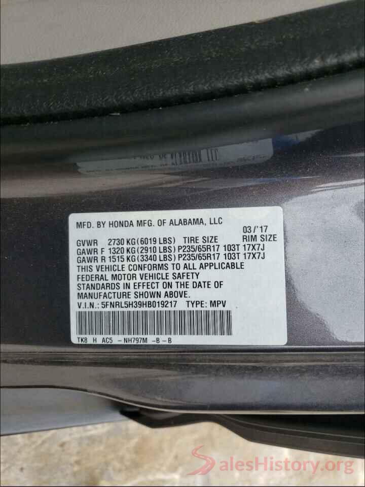 5FNRL5H39HB019217 2017 HONDA ODYSSEY