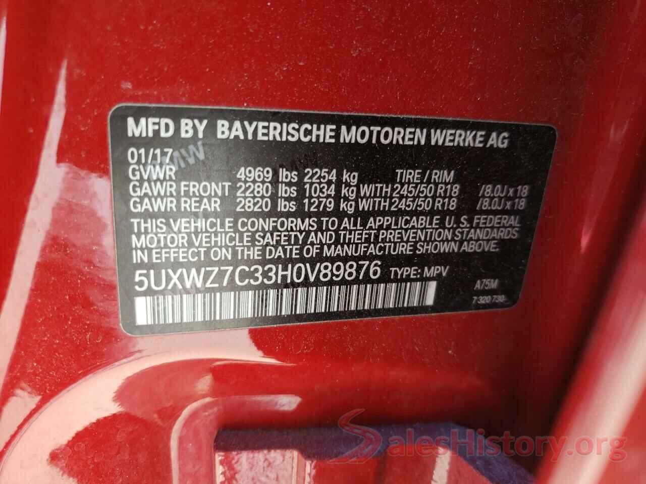 5UXWZ7C33H0V89876 2017 BMW X3