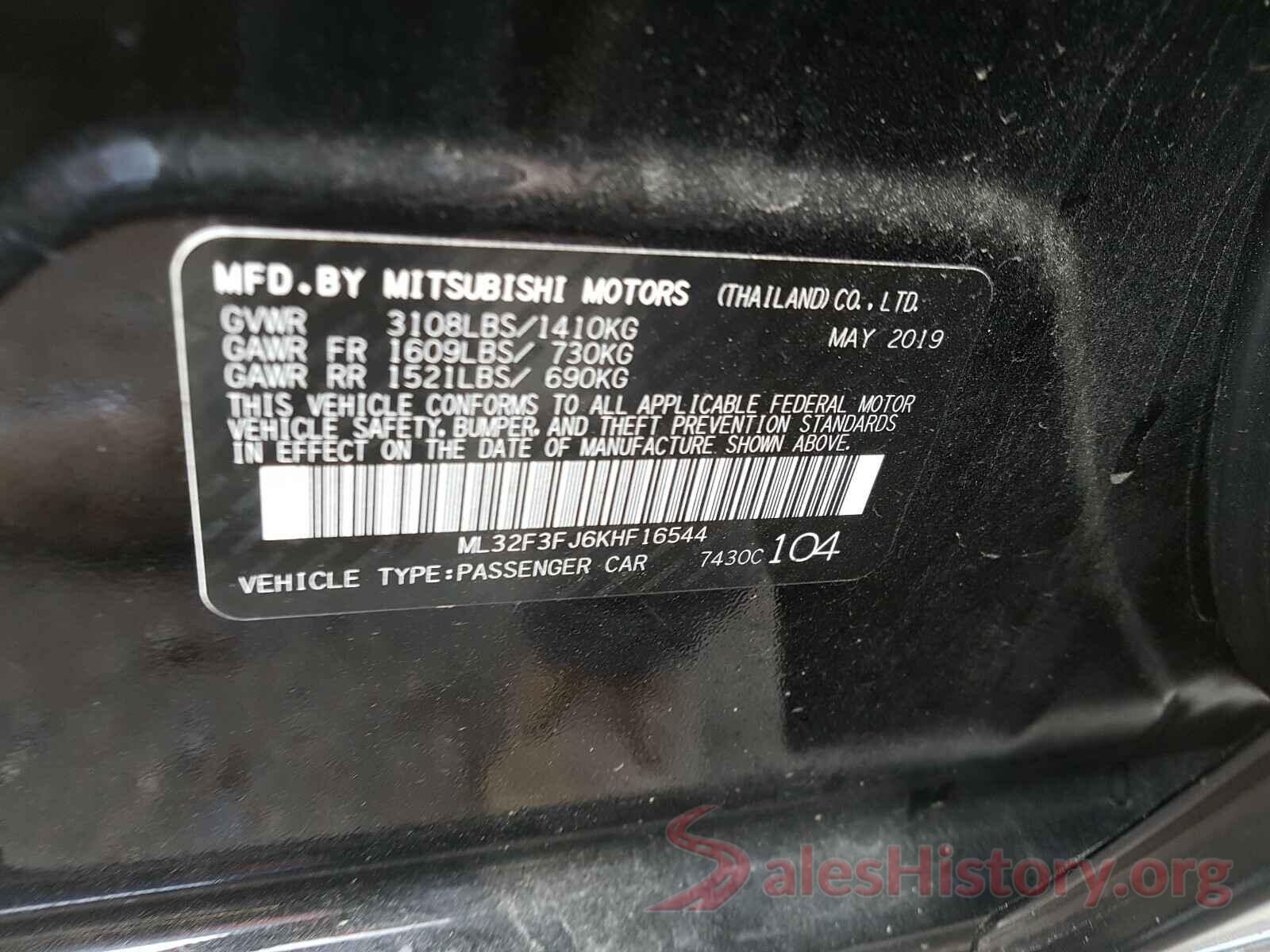 ML32F3FJ6KHF16544 2019 MITSUBISHI MIRAGE