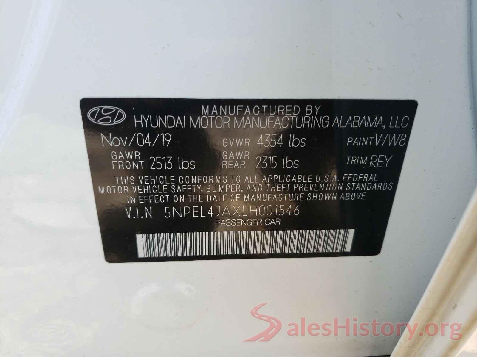 5NPEL4JAXLH001546 2020 HYUNDAI SONATA