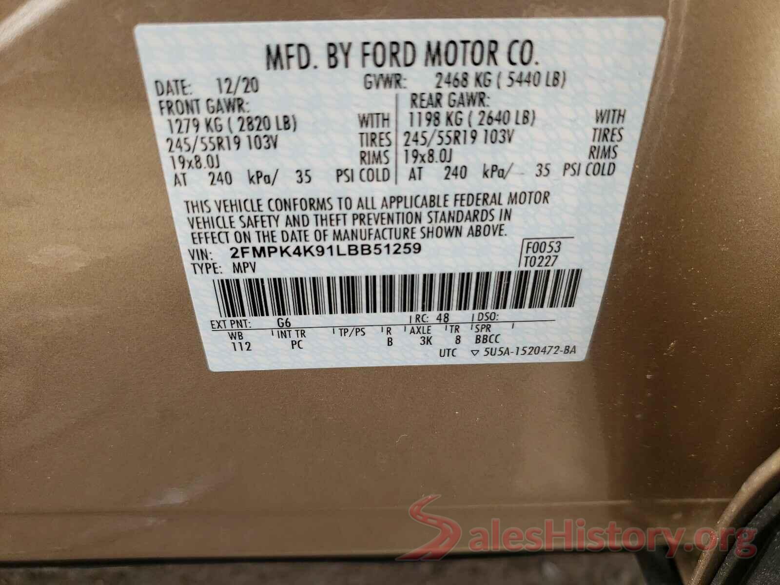 2FMPK4K91LBB51259 2020 FORD EDGE