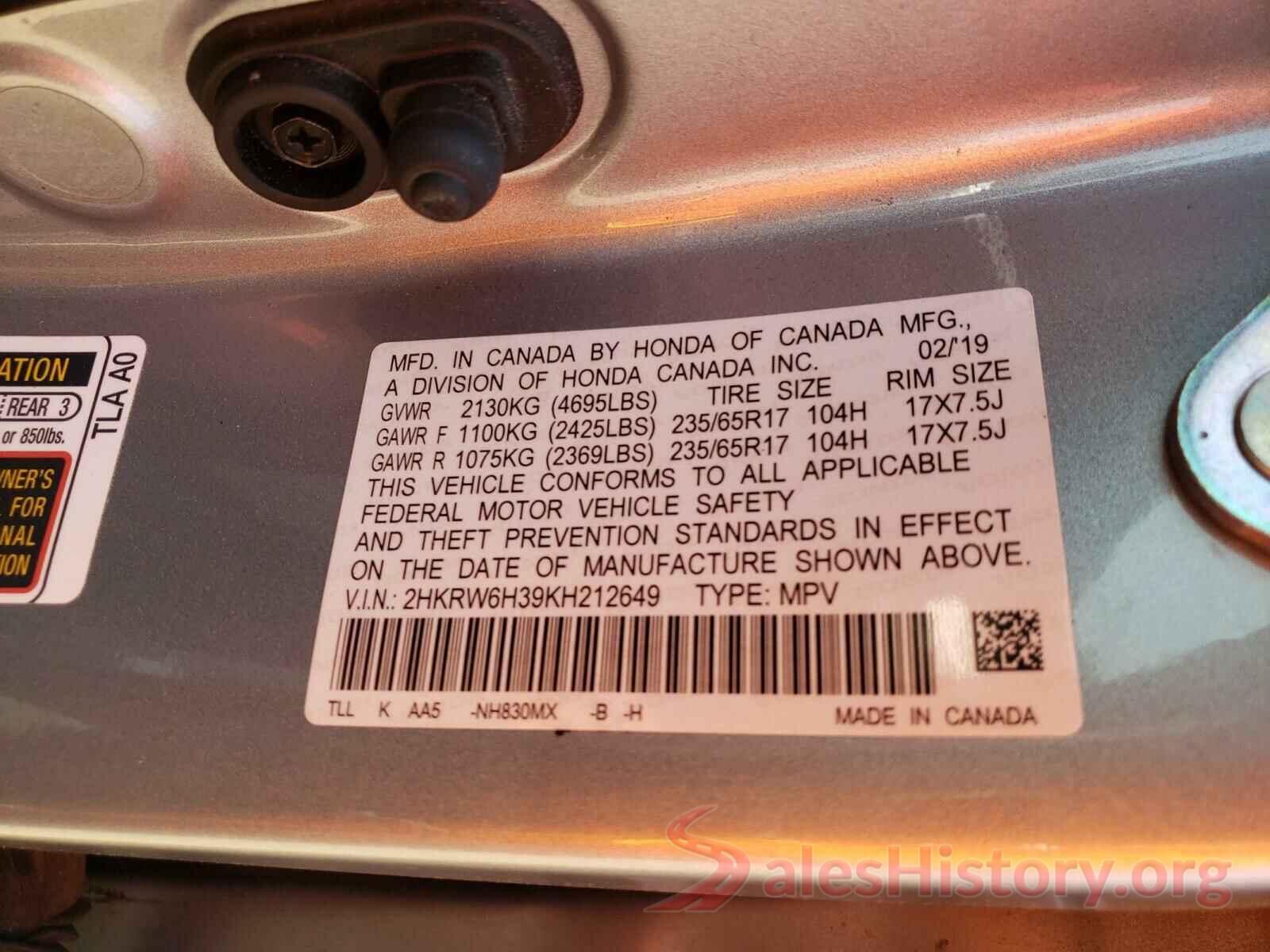 2HKRW6H39KH212649 2019 HONDA CRV