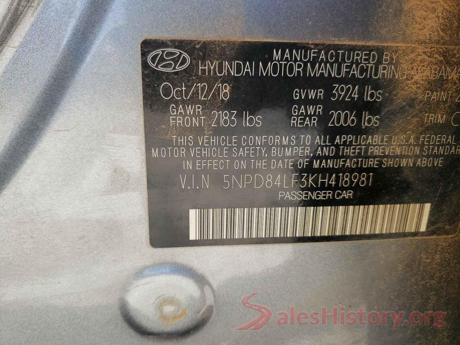 5NPD84LF3KH418981 2019 HYUNDAI ELANTRA