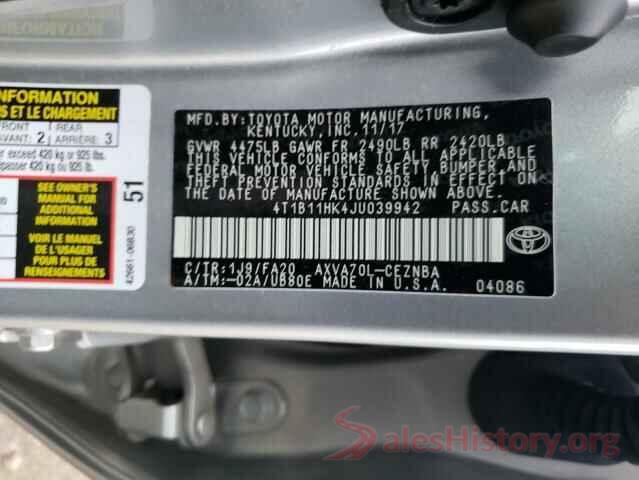 4T1B11HK4JU039942 2018 TOYOTA CAMRY