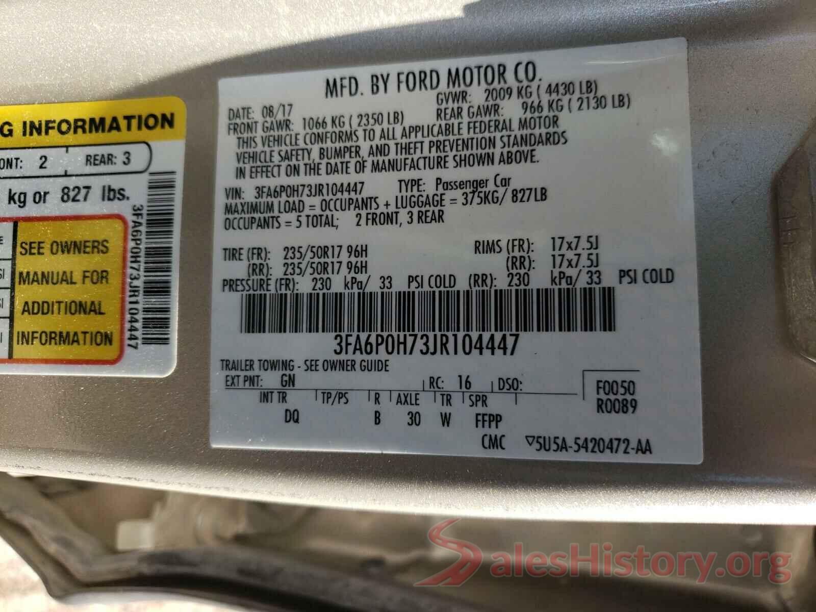 3FA6P0H73JR104447 2018 FORD FUSION