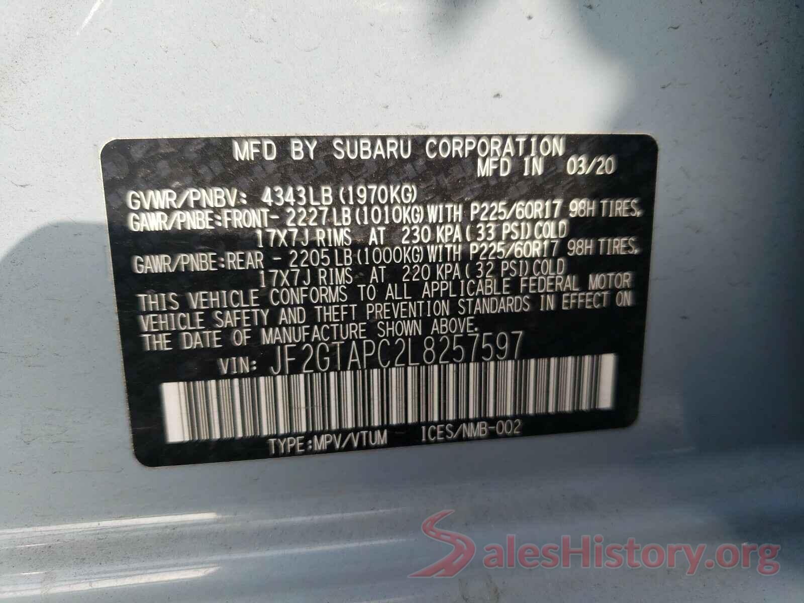 JF2GTAPC2L8257597 2020 SUBARU CROSSTREK